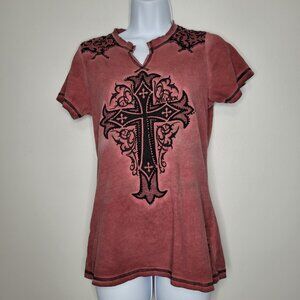 Affliction red black cross cyber grunge short sleeve beaded top size large